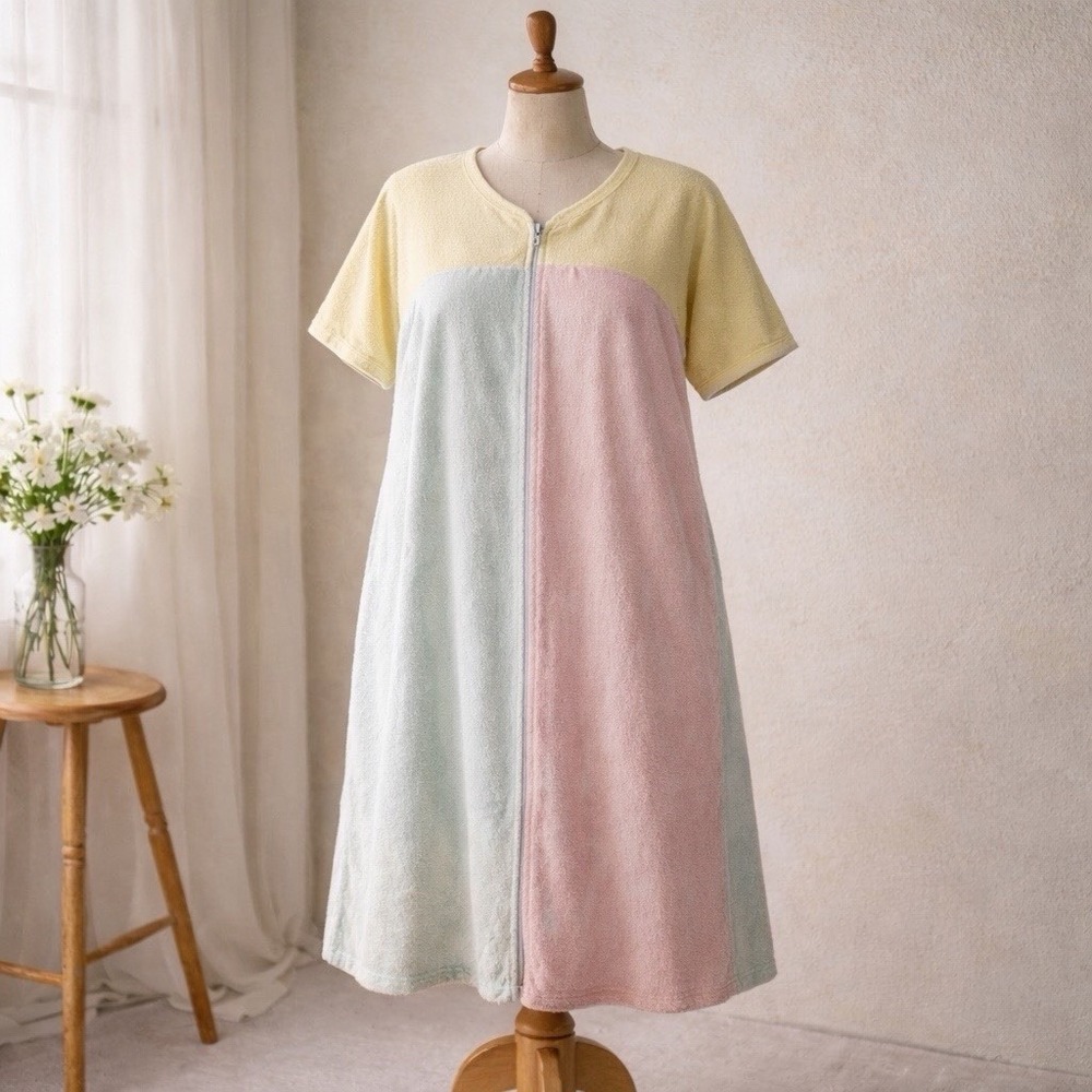Vintage Terry Cloth House Dress Maxi Zip Front Pastel‎ Colorblock Women L XL